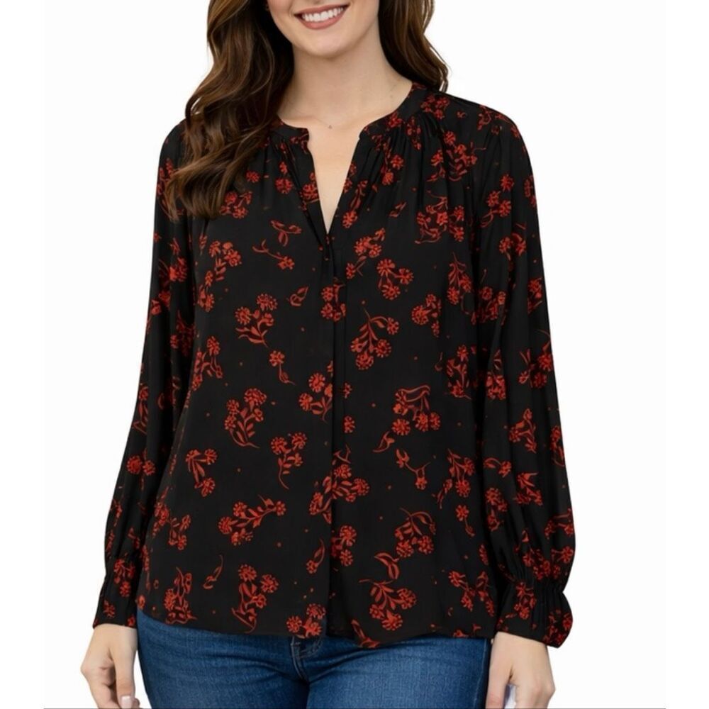 Loft Black and Red floral notch neck blouse small petite